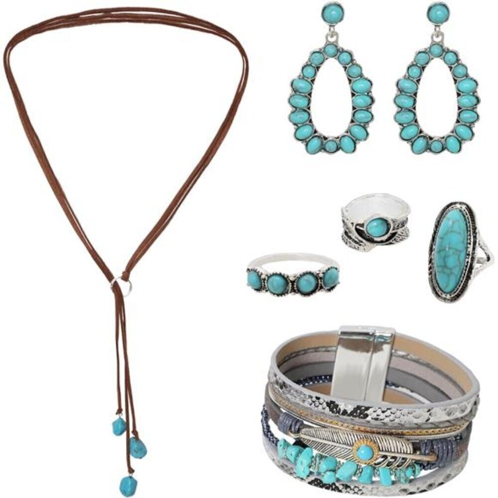 6 Pcs Western Jewelry for Women Boho Set Bohemian Turquoise Jewelry Set
